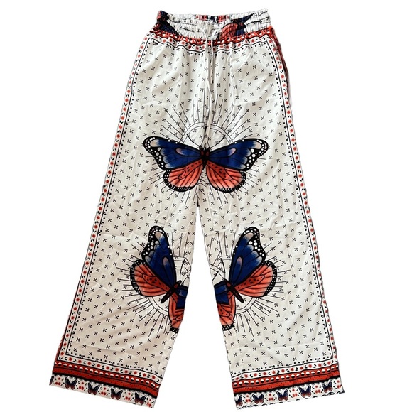 WHITE / ORANGE / PURPLE HIGH WAISTED WIDE LEG BOHO PALAZZO PANTS W/ BUTTERFLIES - Picture 5 of 10